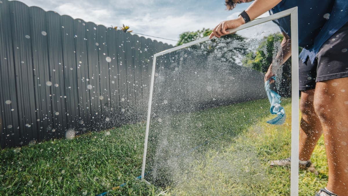 Rinse water flying off a freestanding window screen in the yard